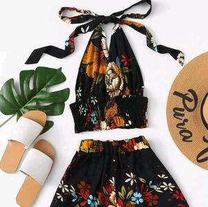 Floral Print Smocked Halter and Shorts Set